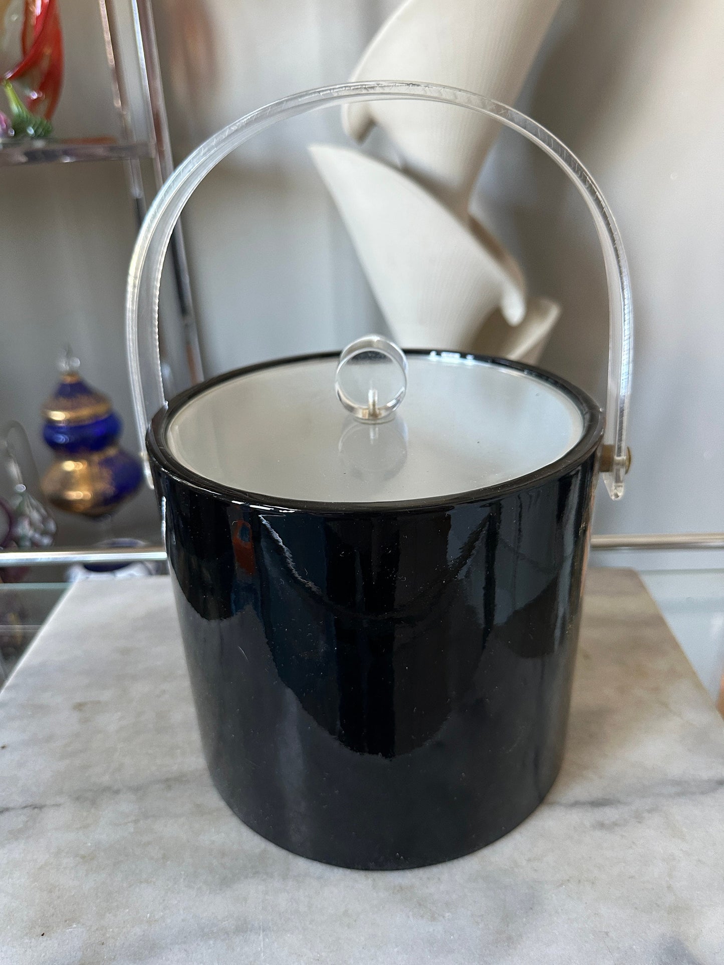 Vintage Kraftware Black Patent Acrylic and Clear Lucite Ice Bucket Barware Cocktails