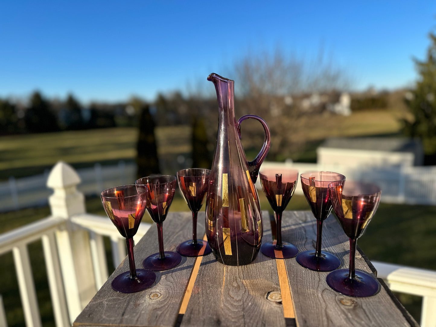 Vintage MCM Vtg HUNGARIAN WINE Cocktail Decanter Set, Amethyst Purple Gold Trim