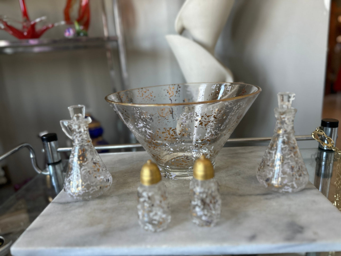 Vintage MCM  Gold and White Speckled 5pc. Salad Bowl w Matching Hazel Atlas Salt & Pepper/Cruets