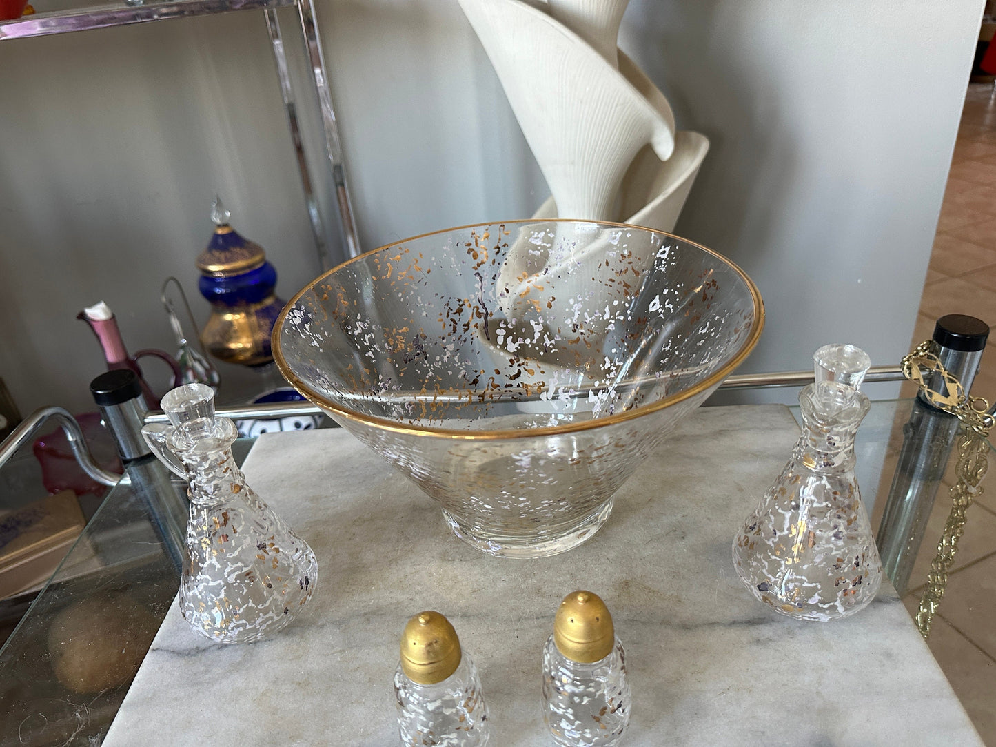 Vintage MCM  Gold and White Speckled 5pc. Salad Bowl w Matching Hazel Atlas Salt & Pepper/Cruets