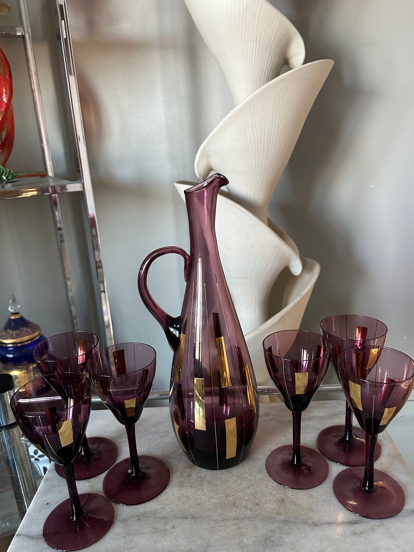 Vintage MCM Vtg HUNGARIAN WINE Cocktail Decanter Set, Amethyst Purple Gold Trim