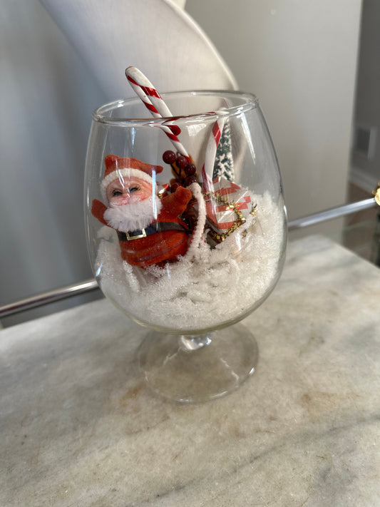 Vintage Kischy Santa Diorama Display | Flocked Santa in Brandy Snifter | Candy Canes and Flocked Santa | Bottle Brush Tree