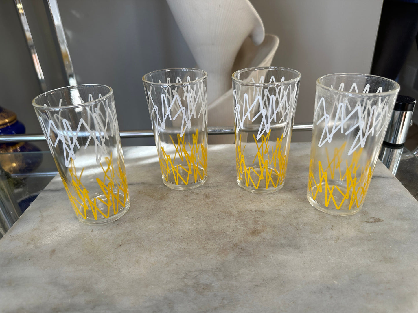 Vintage MCM Dominion Glass 8oz drinking glasses with yellow and white zig zag pattern set of four