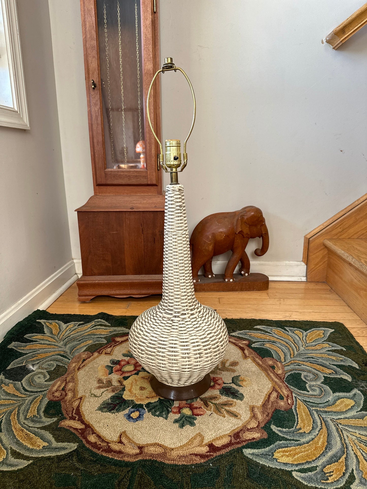 Mid Century Genie Bottle Faux Wicker Cetamic  Lamp Ceramic Pottery Tall Table MCM White Wicker Style Design Vintage Original