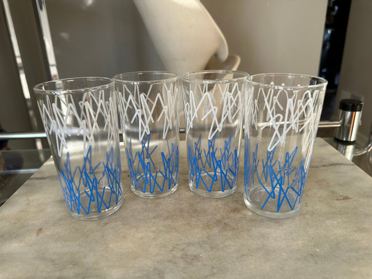 Vintage MCM Dominion Glass 8oz drinking glasses with blue and white zig zag pattern set of four