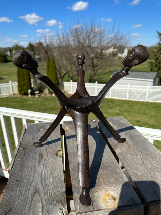 Vintage African Carved Wood Interlocking Plant Stand/African Tribal Dancing Men/Boho Decor,Vintage Wooden Plant Stand