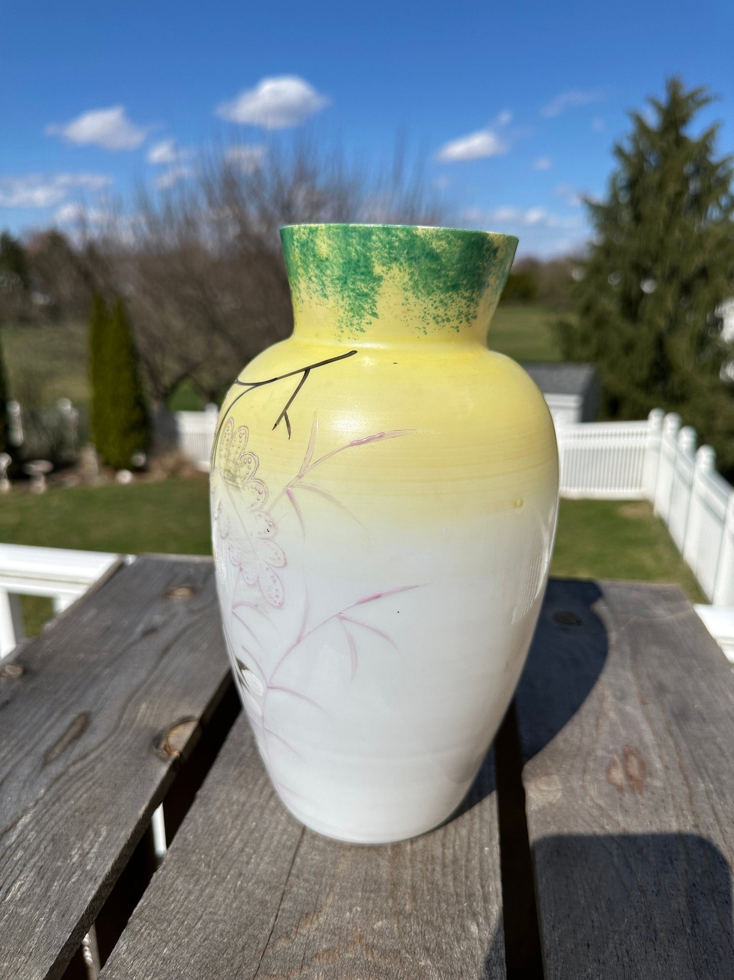 Vintage Yellow Vase | Hand Painted | White Glass | Whimsical Flower Motif