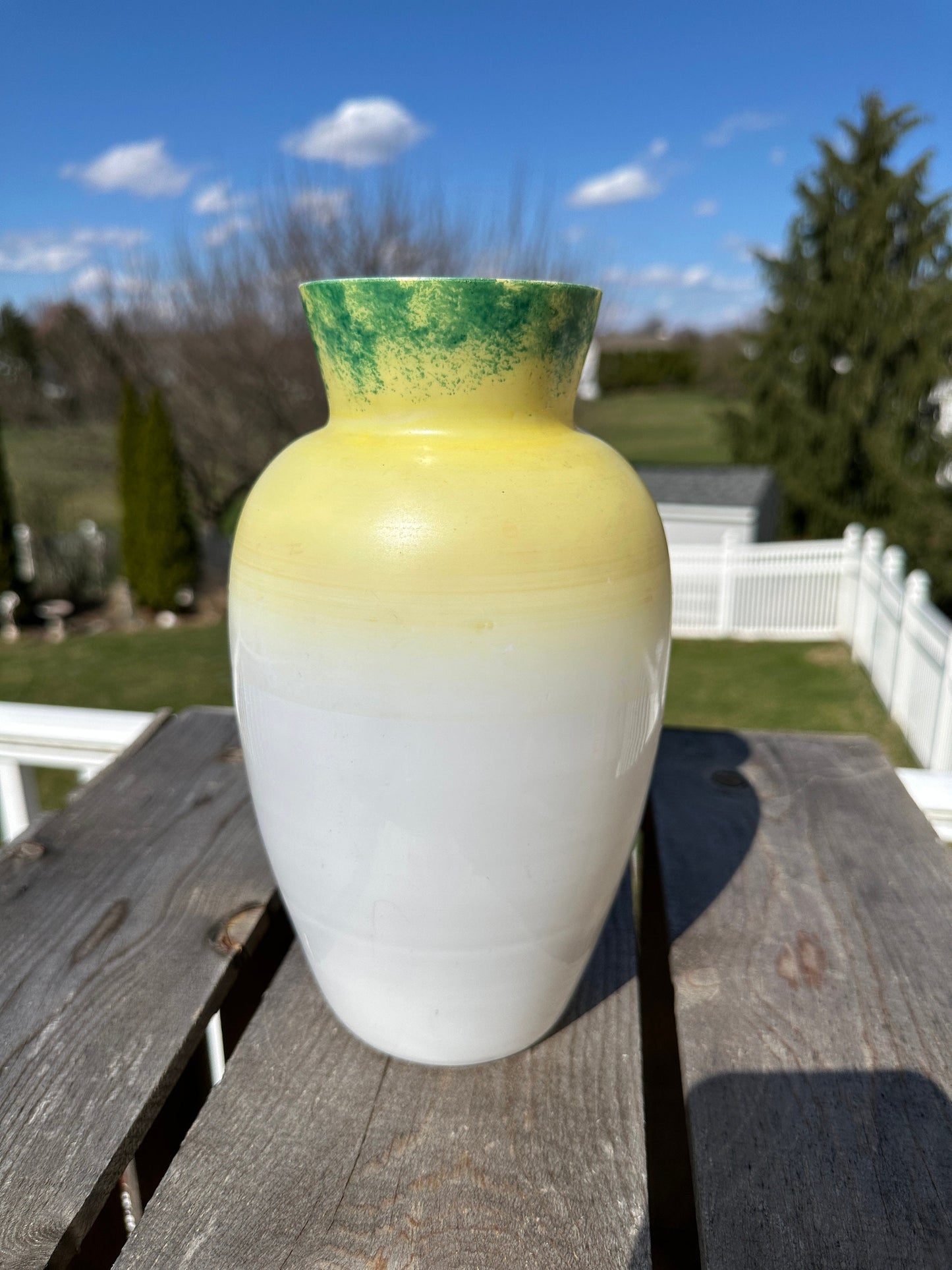 Vintage Yellow Vase | Hand Painted | White Glass | Whimsical Flower Motif