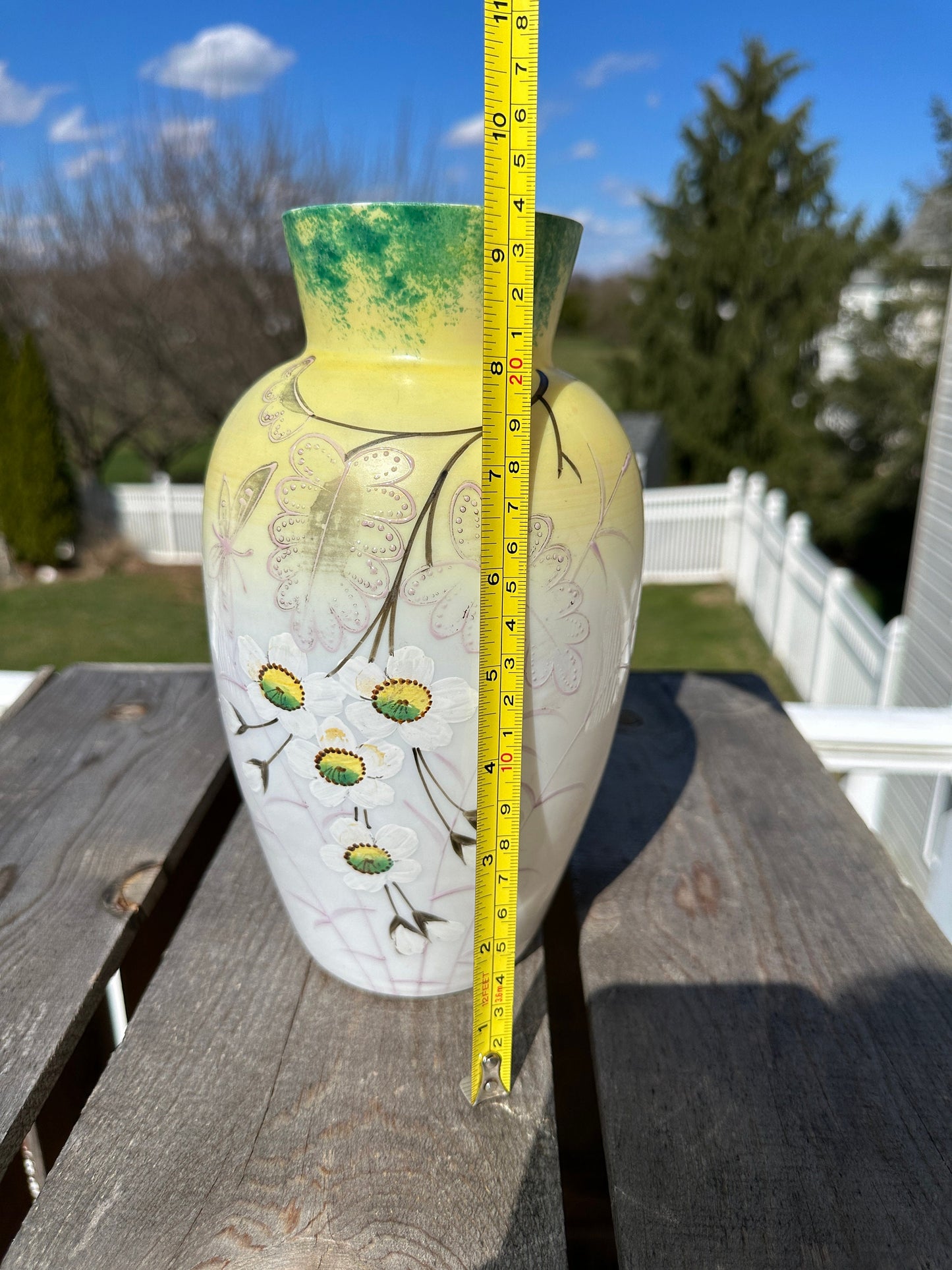 Vintage Yellow Vase | Hand Painted | White Glass | Whimsical Flower Motif