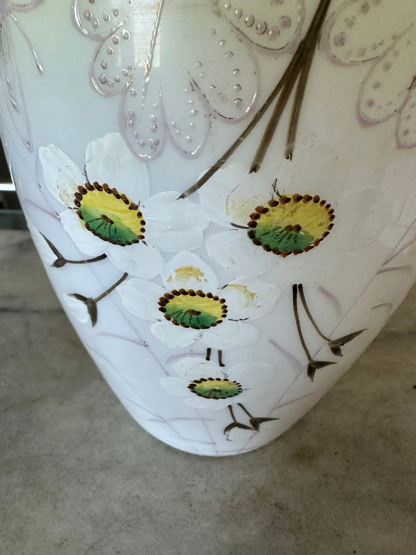 Vintage Yellow Vase | Hand Painted | White Glass | Whimsical Flower Motif