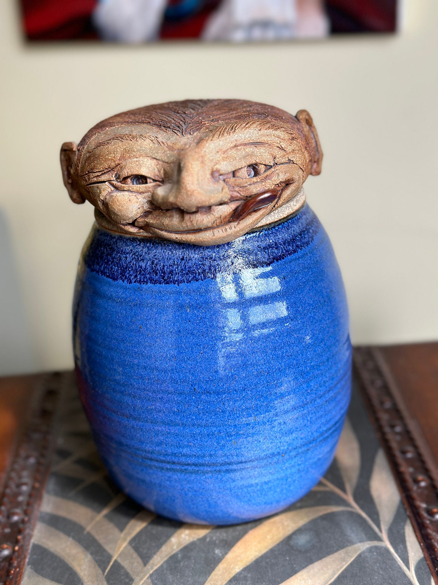 Unique Vintage Artist Created Pottery Canister | Man Head as Lid | Stoneware Pottery Cankstwr