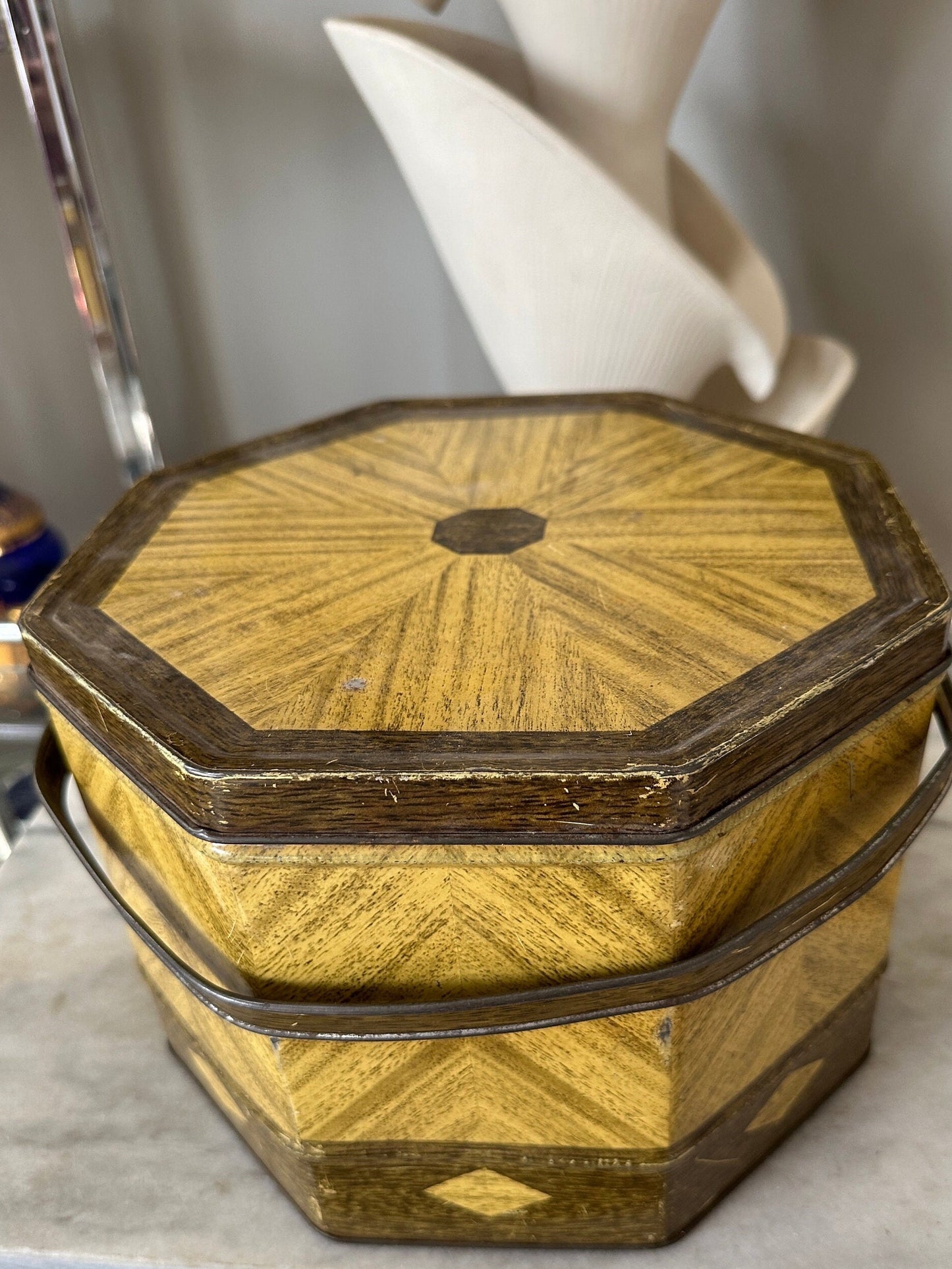 Vintage Shabby  Metal Tin Litho Loose Wiles Biscuit Company Basket Containing Over 50  Vintage Greeting Cards from the 1950s / 60s