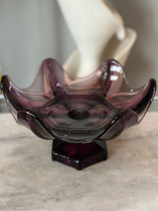 MidCentury Viking Glass Bowl, Compote, Large, 6.75 Inches Tall, Amethyst