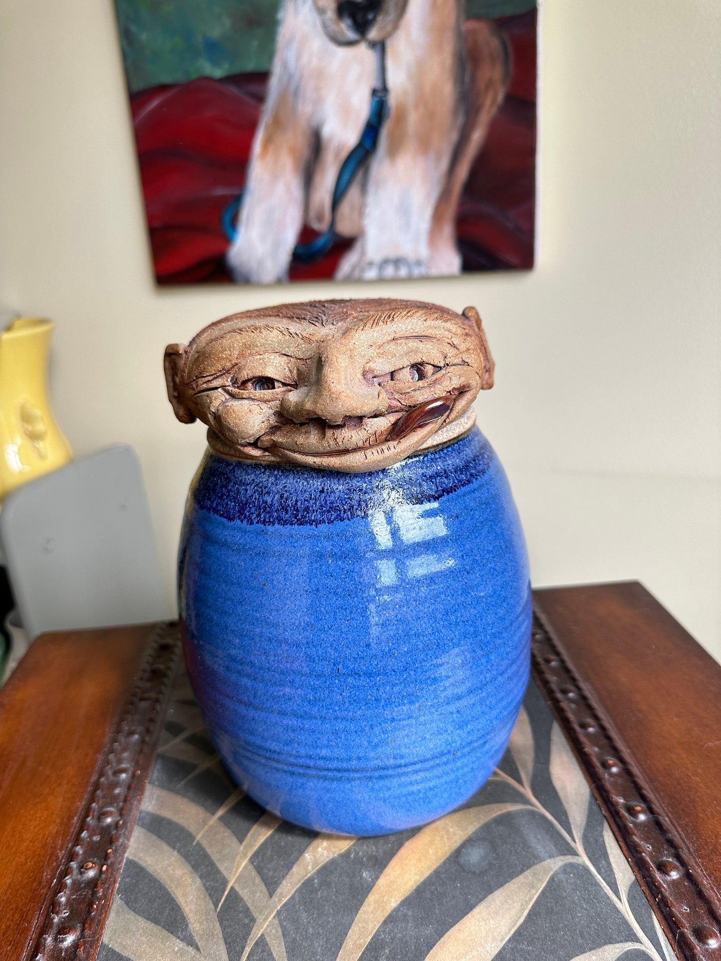 Unique Vintage Artist Created Pottery Canister | Man Head as Lid | Stoneware Pottery Cankstwr