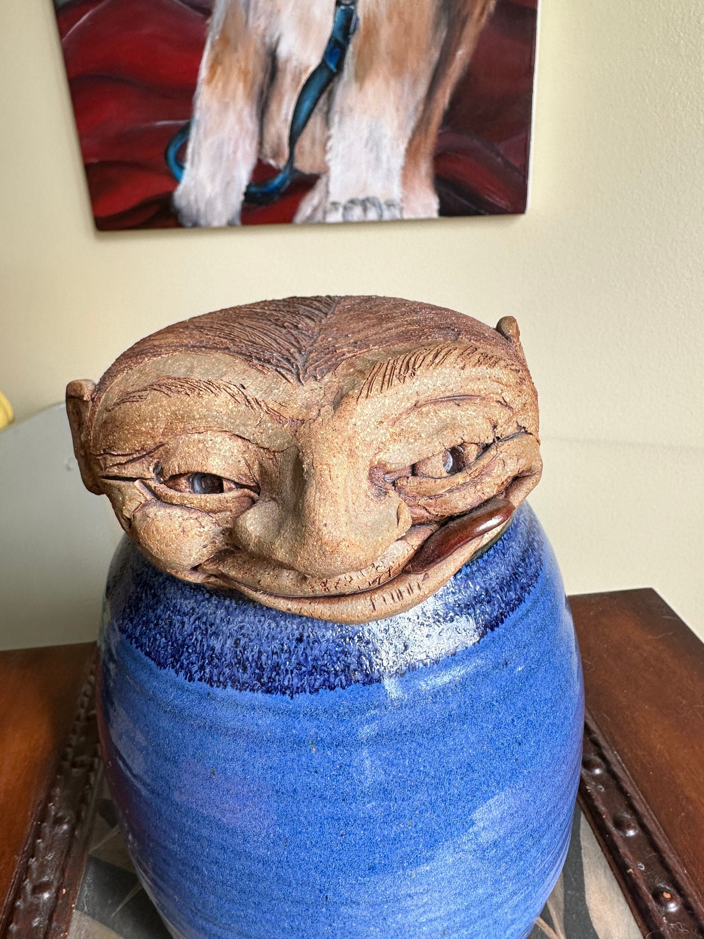 Unique Vintage Artist Created Pottery Canister | Man Head as Lid | Stoneware Pottery Cankstwr