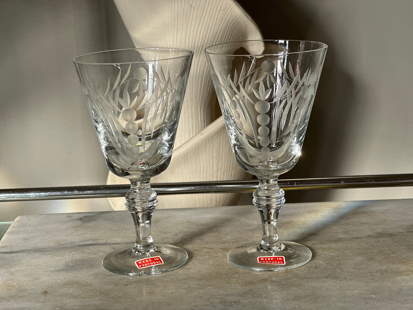 MCM Etched Vintage Etched Win Glass | Vintage | Made in Portugal | Glass Etched Wine Goblets | Interesting Etched Design | Set of 2 | MCM