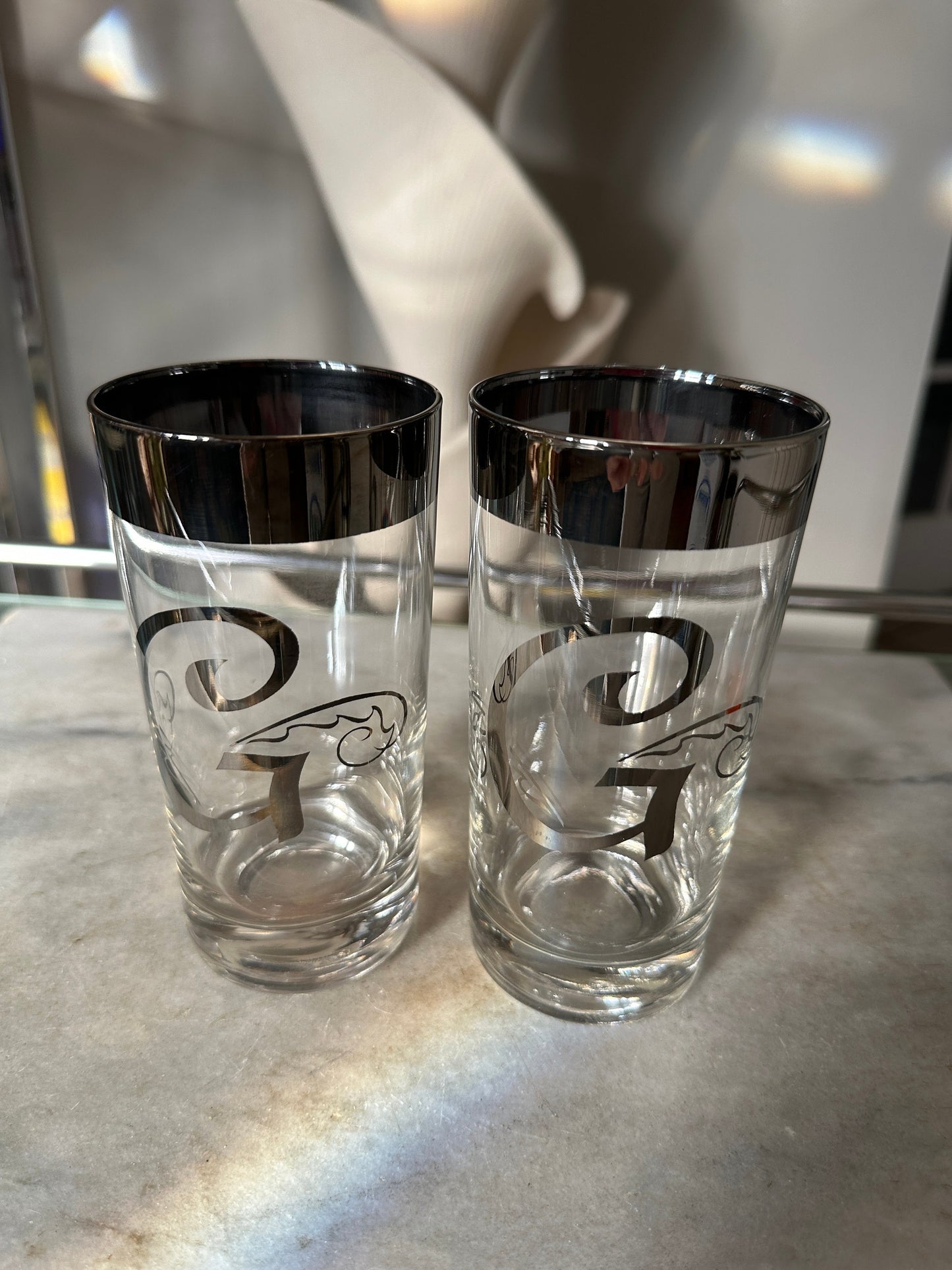 Set of 2  Dorothy Thorpe Style Mercury Platinum Highball Glasses- Monogrammed Letter G- Textured | MCM Barware | Pair of Cocktail Glasses