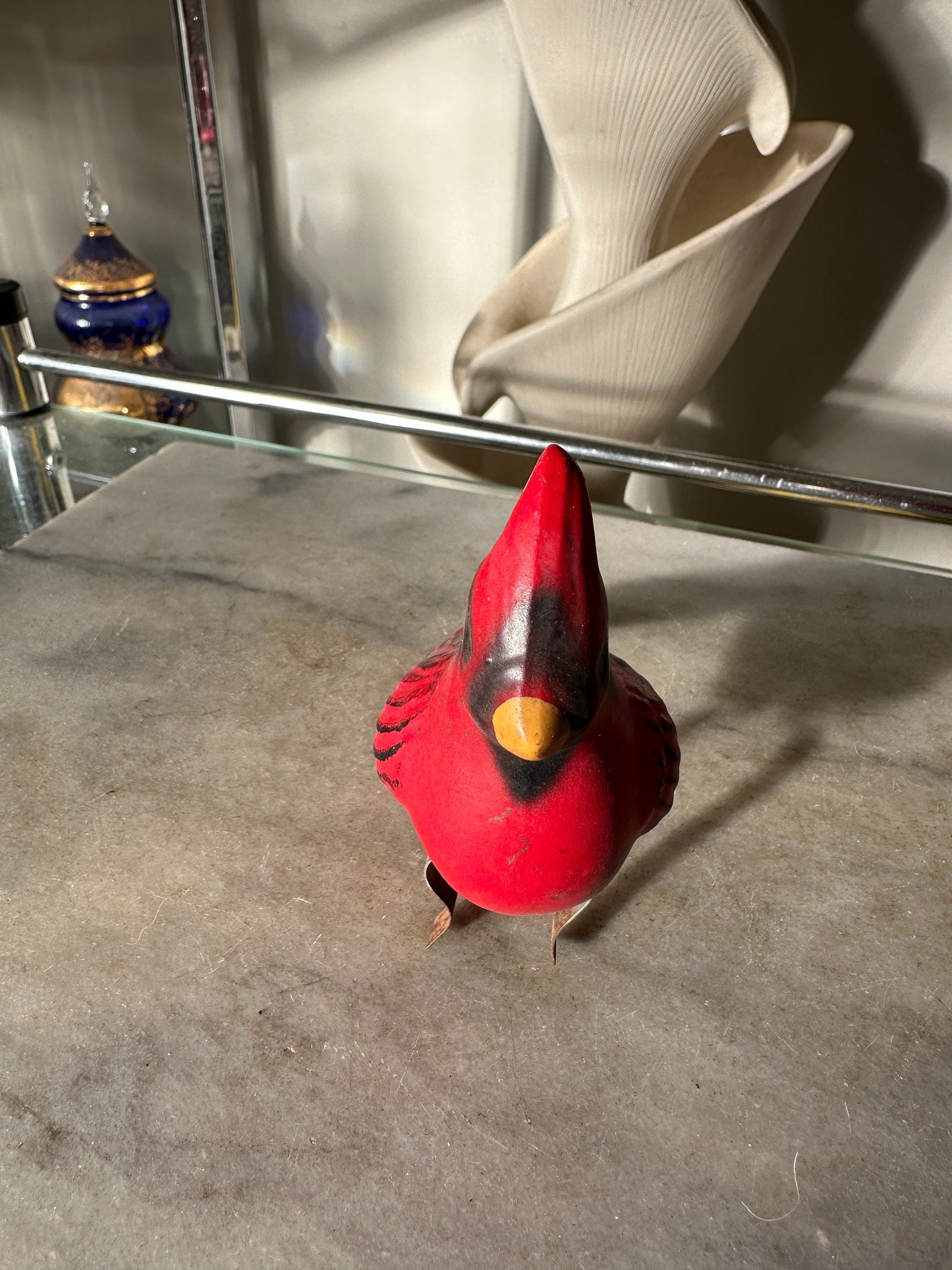 Vintage Cardinal Ceramic Clip On Red Bird Bath Decoy