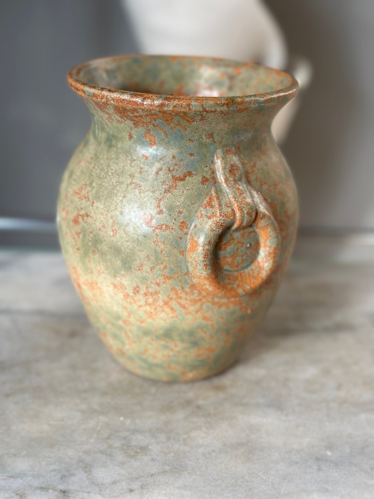 Burley Winter 1930s Vintage Art Pottery Mottled Green and Orange | Ceramic Vase 53