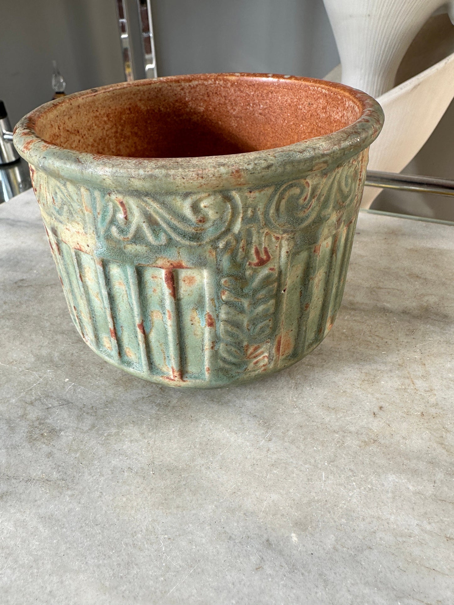 Burley Winter 1930s Vintage Art Pottery Mottled Green and Orange | Ceramic Planter | Heart Stamp 5