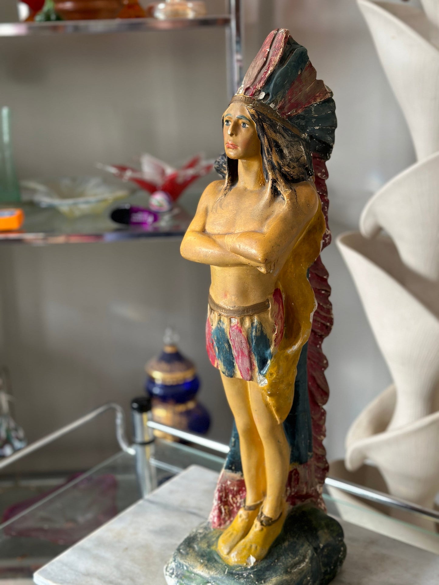 Vintage, Antique Native American Indian Chief with Headdress, Chalk ware / Plaster Statue circa 1930