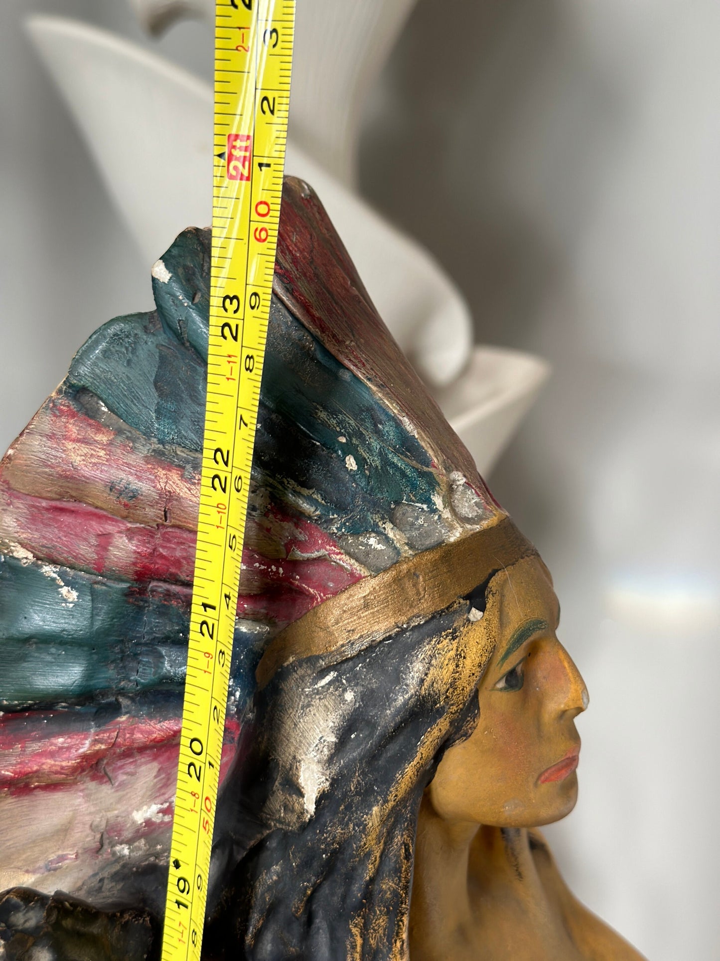 Vintage, Antique Native American Indian Chief with Headdress, Chalk ware / Plaster Statue circa 1930