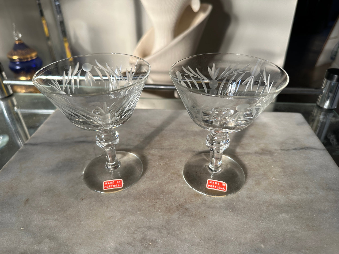 MCM Etched Vintage Etched Coupes | Vintage | Made in Portugal | Glass Etched champagne Glass | Interesting Etched Design | Set of 2 | MCM