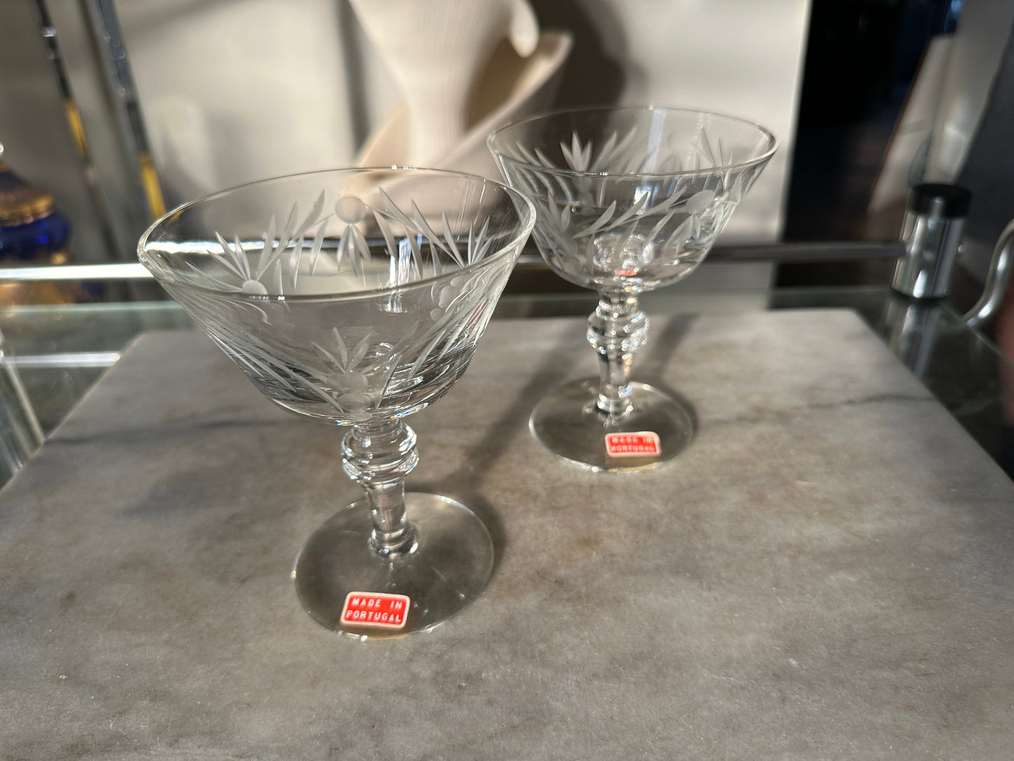 MCM Etched Vintage Etched Coupes | Vintage | Made in Portugal | Glass Etched champagne Glass | Interesting Etched Design | Set of 2 | MCM