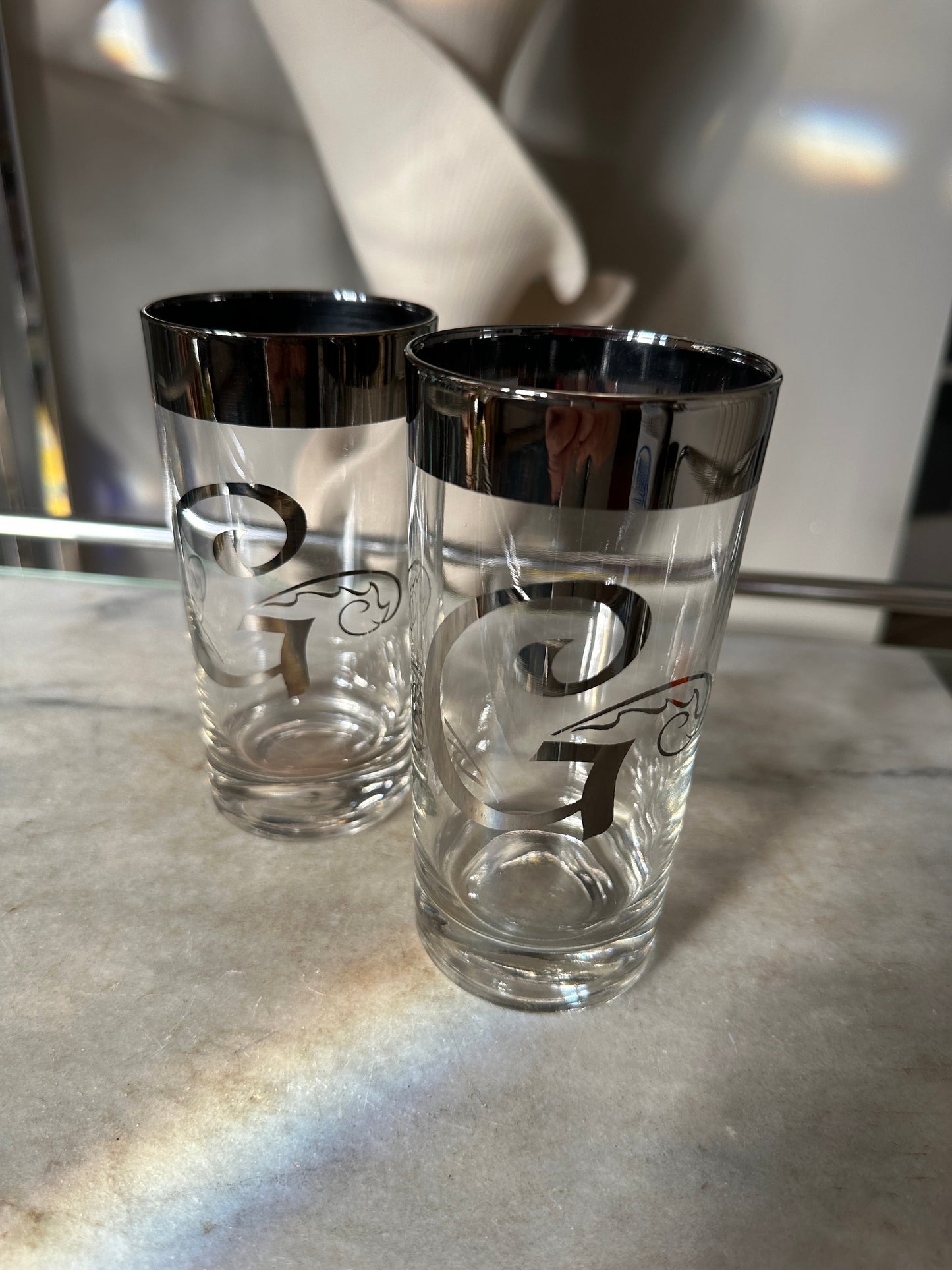 Set of 2  Dorothy Thorpe Style Mercury Platinum Highball Glasses- Monogrammed Letter G- Textured | MCM Barware | Pair of Cocktail Glasses