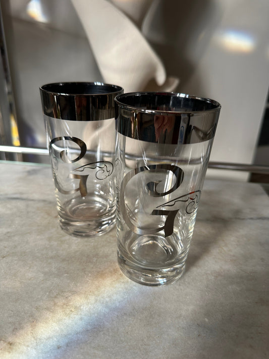 Set of 2  Dorothy Thorpe Style Mercury Platinum Highball Glasses- Monogrammed Letter G- Textured | MCM Barware | Pair of Cocktail Glasses