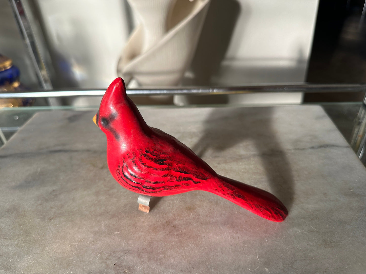 Vintage Cardinal Ceramic Clip On Red Bird Bath Decoy