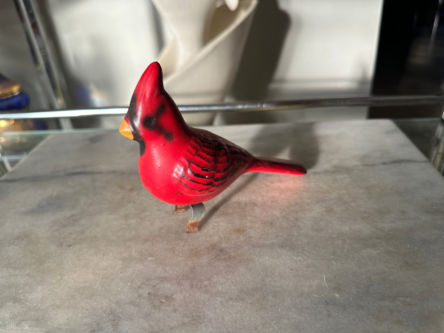 Vintage Cardinal Ceramic Clip On Red Bird Bath Decoy