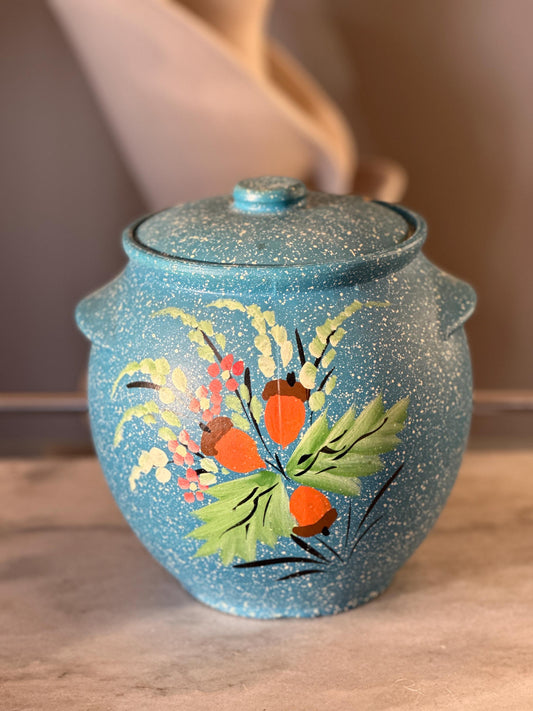 Vintage Ceramic Cookie Jar Blue Handpainted Flowers Acorns