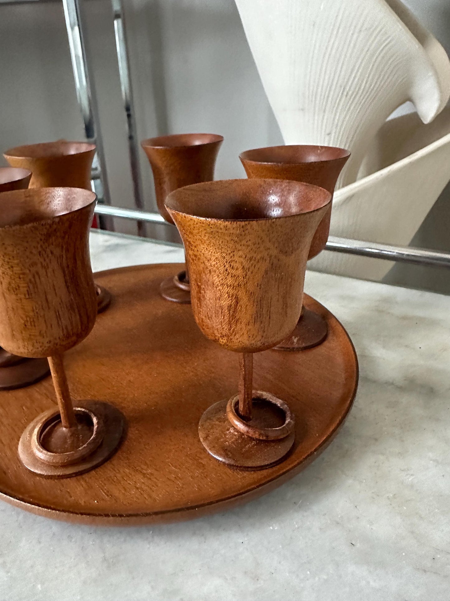 MCM Turned Wood Whittlers Gatlinburg Cordial Glasses (6) w/ Captive Rings on Tray | Mid Century Modern Decor