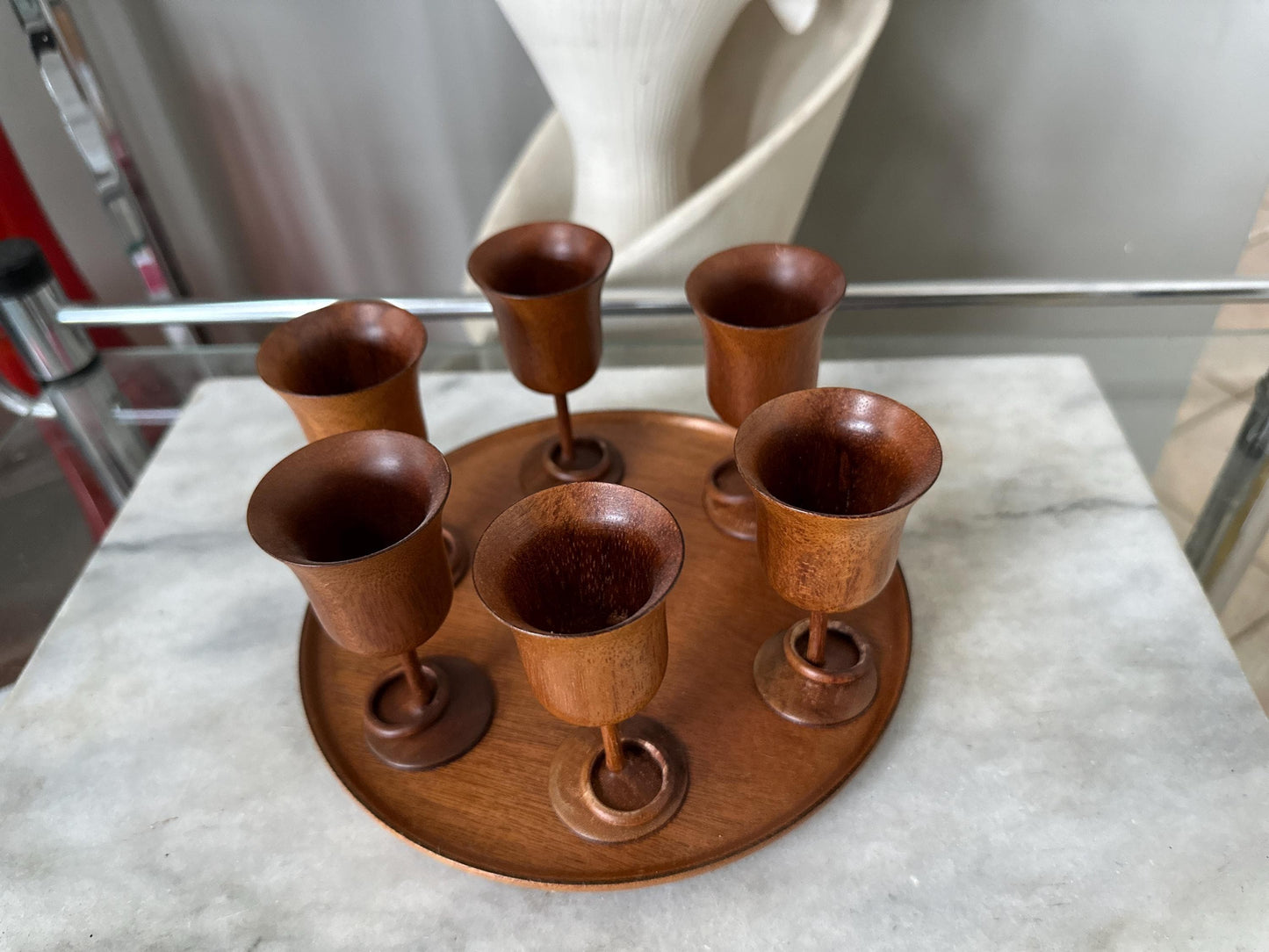 MCM Turned Wood Whittlers Gatlinburg Cordial Glasses (6) w/ Captive Rings on Tray | Mid Century Modern Decor