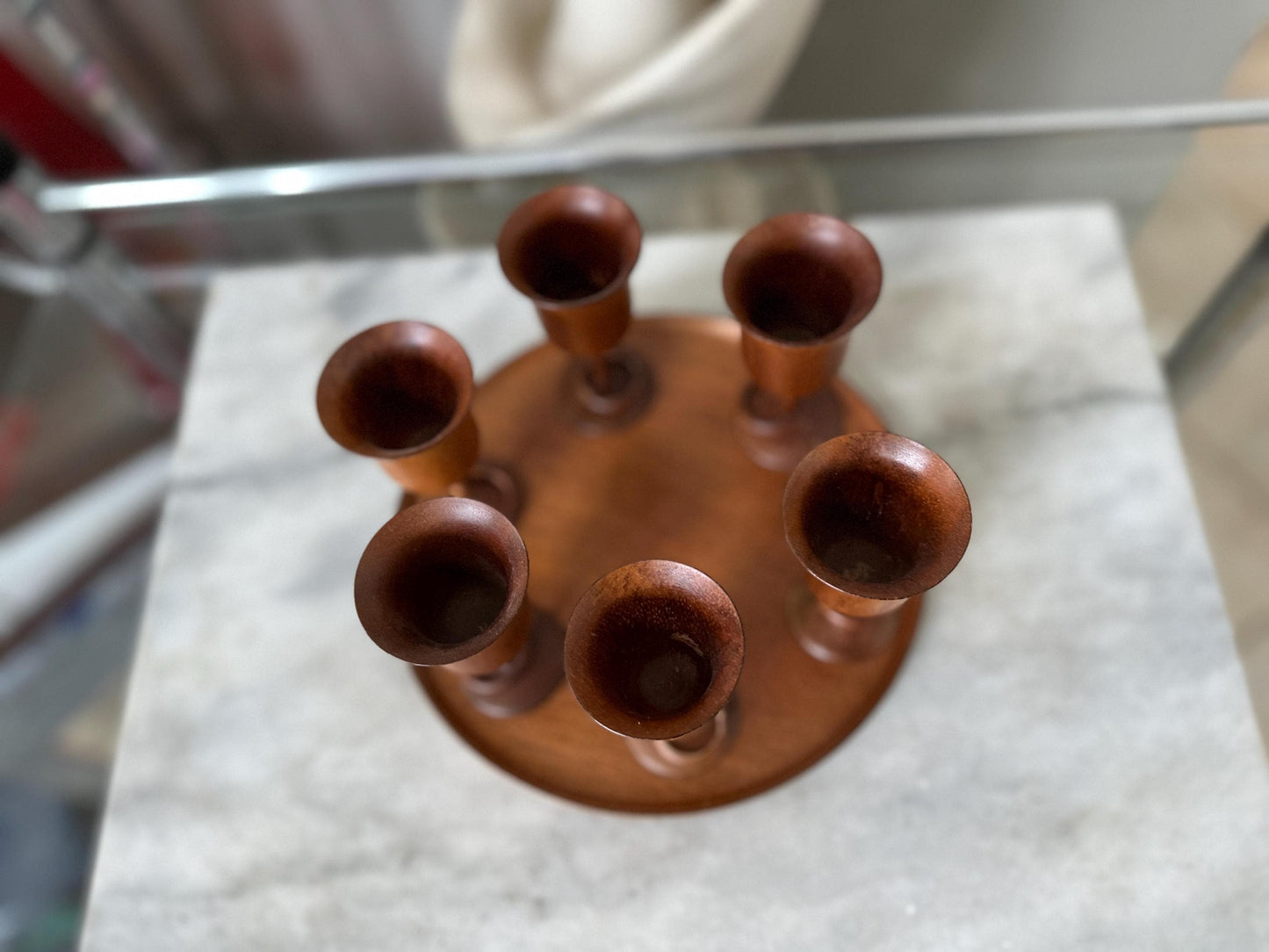 MCM Turned Wood Whittlers Gatlinburg Cordial Glasses (6) w/ Captive Rings on Tray | Mid Century Modern Decor