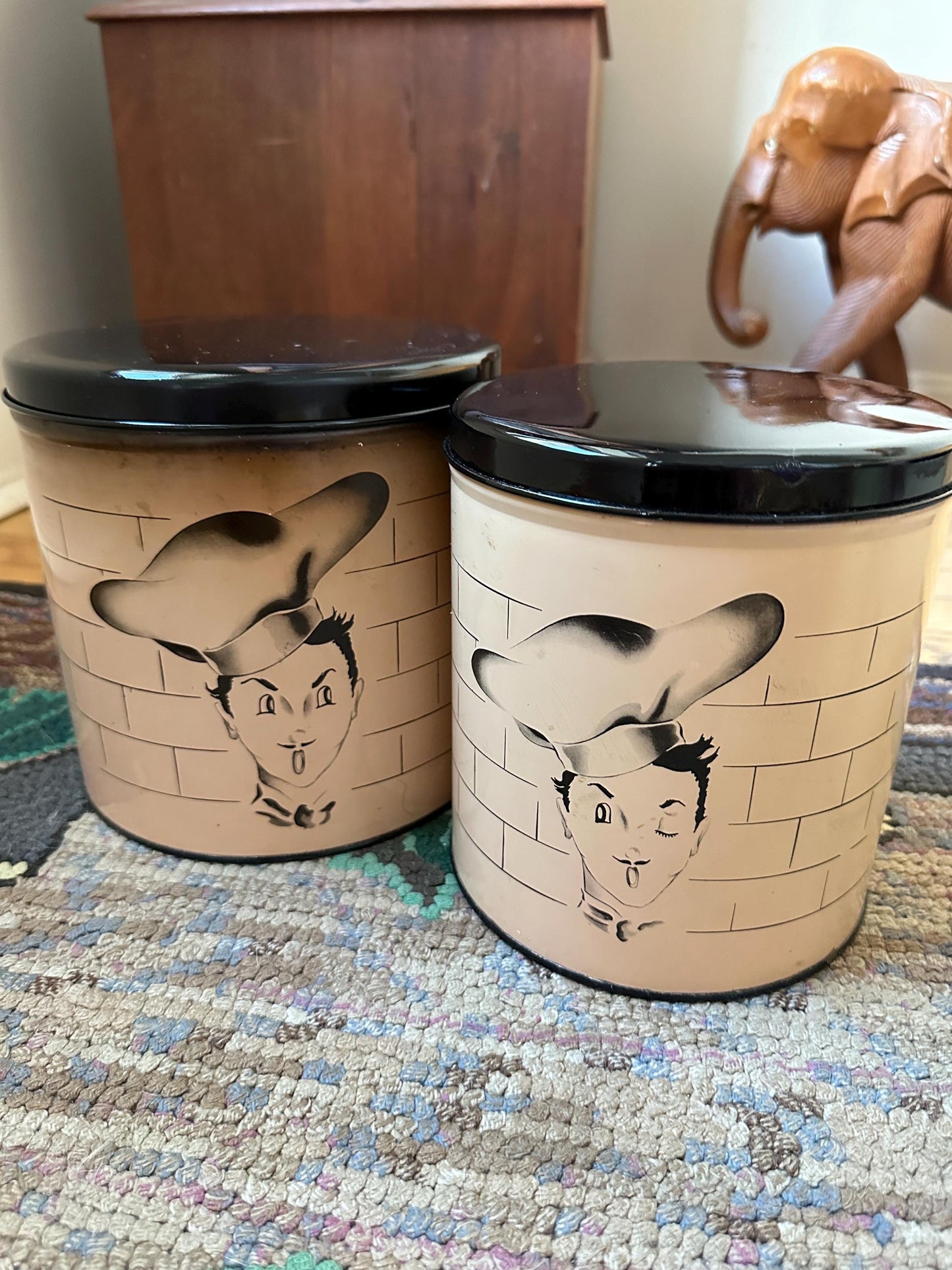 Vintage 1950s Parmeco Happy Chef Canister set Pink or Cream and  Black  MCM Metal Nesting Canisters (4)