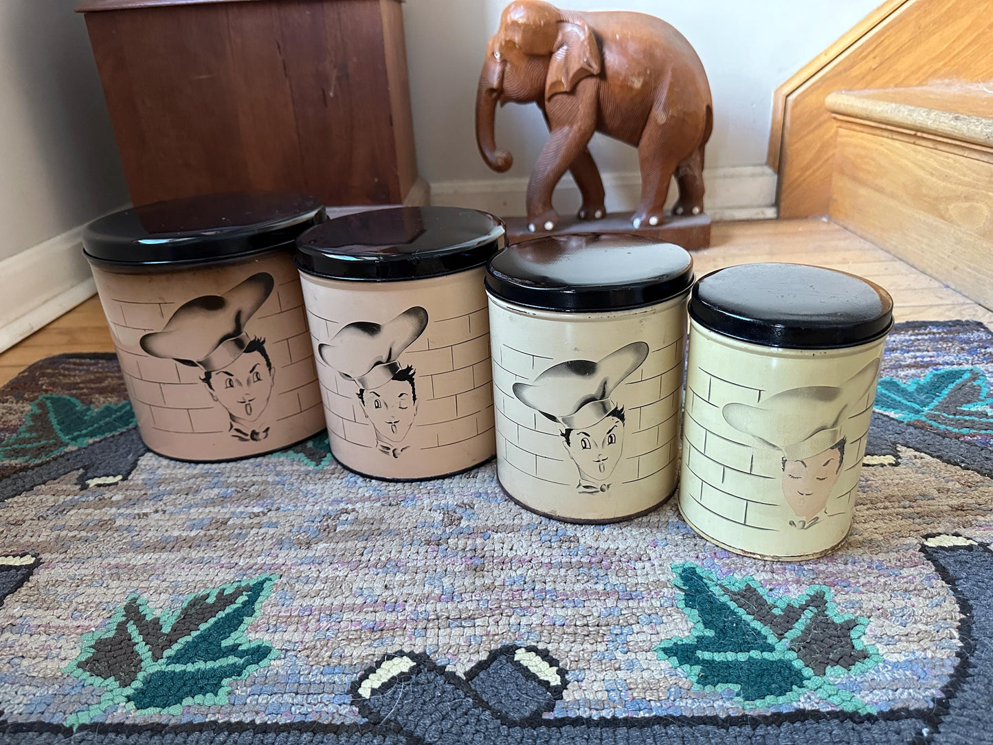 Vintage 1950s Parmeco Happy Chef Canister set Pink or Cream and  Black  MCM Metal Nesting Canisters (4)