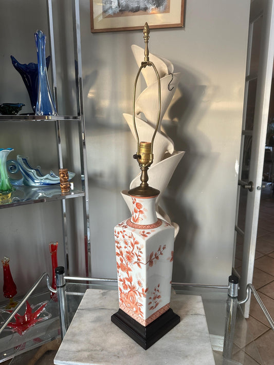 Mid-Century Lamp, White Ceramic With Orange Floral Pattern Table Lamp, Chinoiserie style