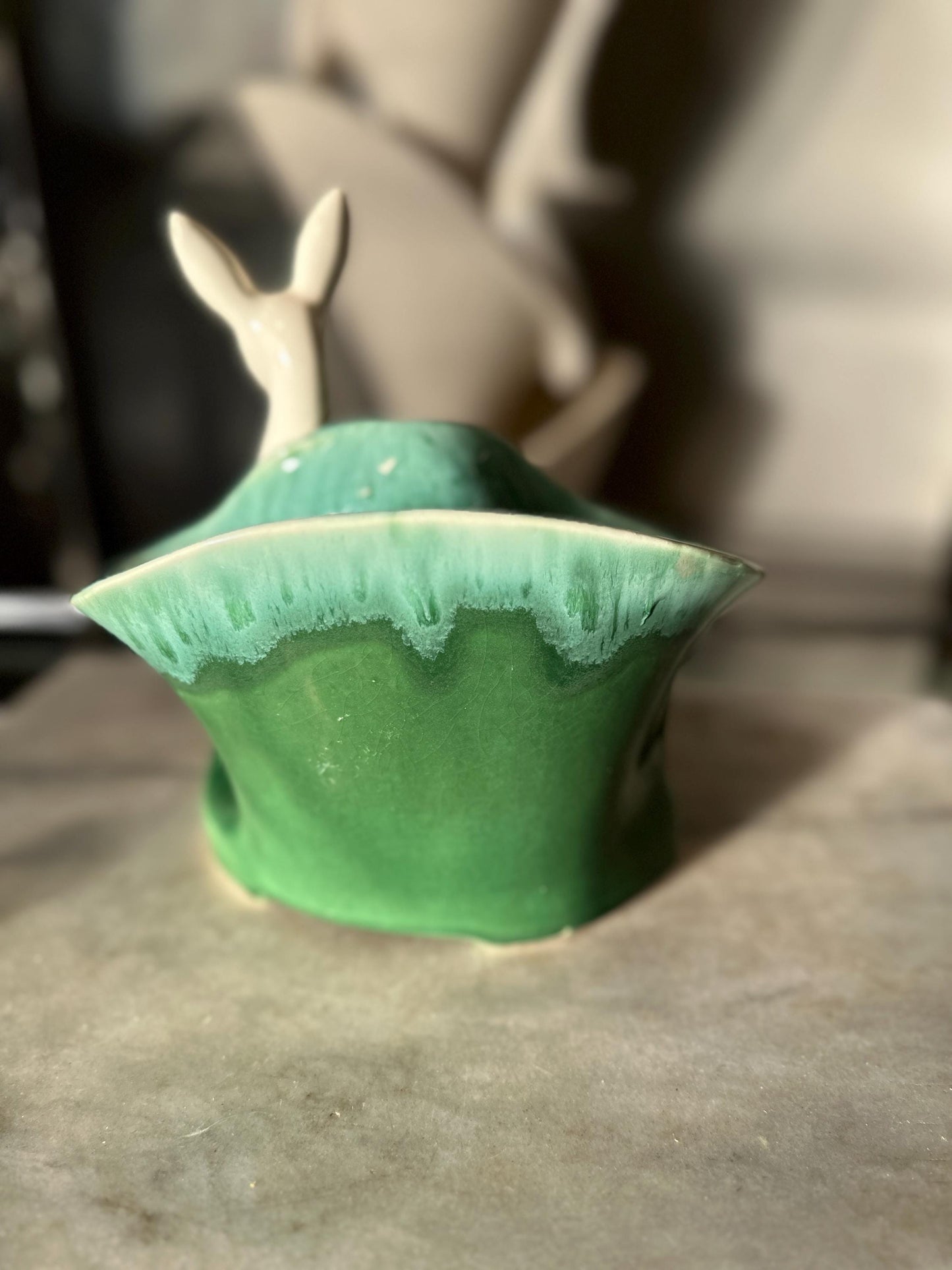 Vintage 1950s Mid-Century Deer Planter: Green Drip Glaze Vase