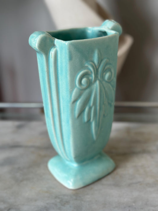 Vintage McCoy Aqua Pottery Vase: Embossed Leaf, Greek Style Decor