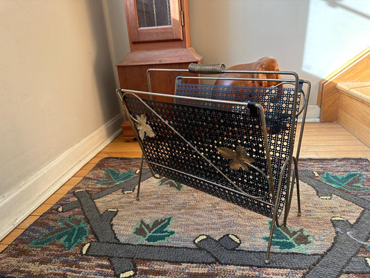 Vintage 1960s Black Mesh & Gold Leaf Handled Magazine Rack