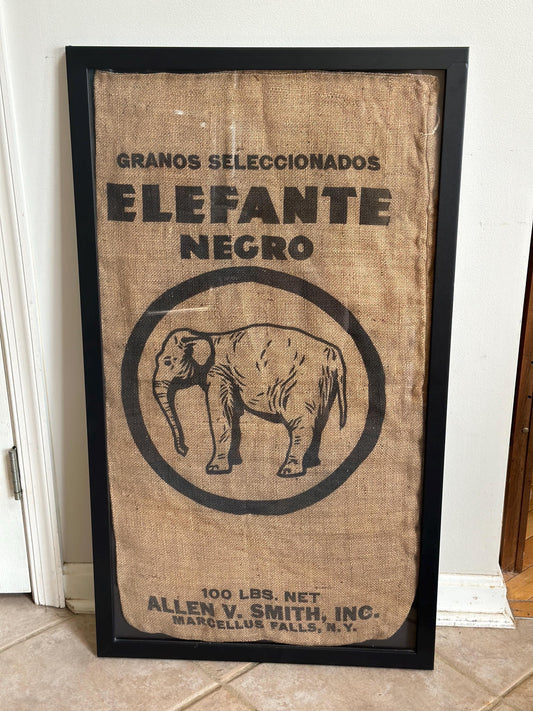 Elefante Negro (Grants Seleccionados) Coffee Burlap Sack Art – 100 lb Vintage Coffee Bag, Professionally Framed (21” x 37”) Wall Decor