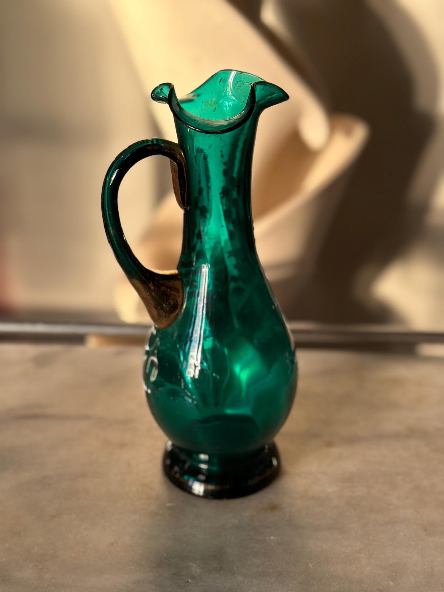 Vintage Hand-Blown Turquoise Glass Pitcher Vase: Enameled Lily of the Valley
