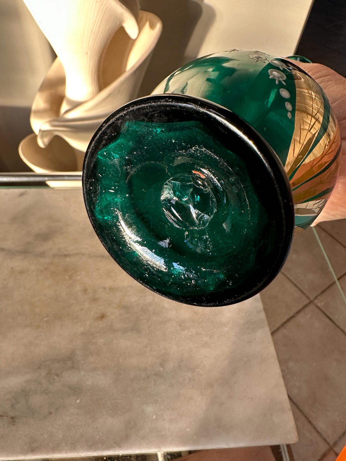 Vintage Hand-Blown Turquoise Glass Pitcher Vase: Enameled Lily of the Valley