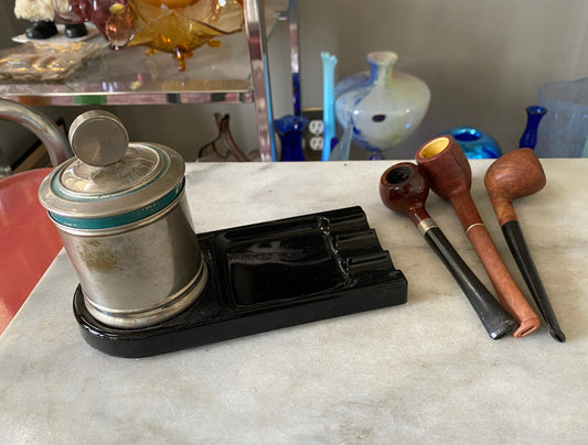 Vintage Art Deco Humidor and Ashtray with Three Vintage Pipes| Vintage Tobacciana