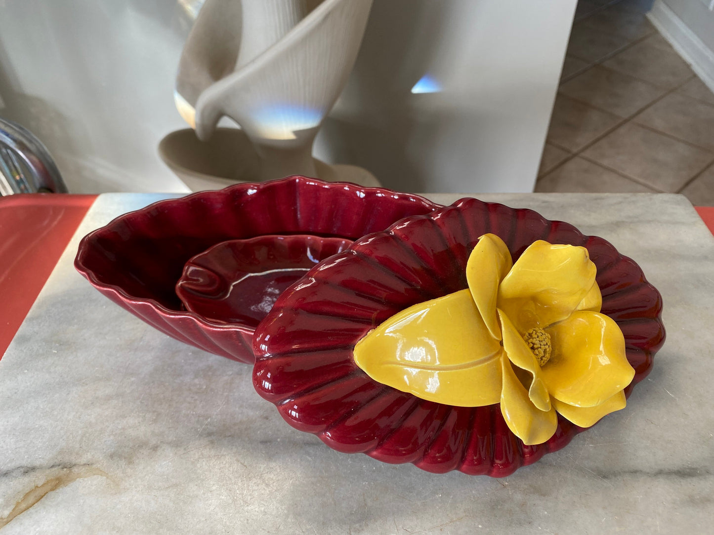 Unique Mid Century Ashtray | USA Pottery Covered Ceramic Container w Two Small Ashtrays | Daffodil Bowl | Mid Century Decor