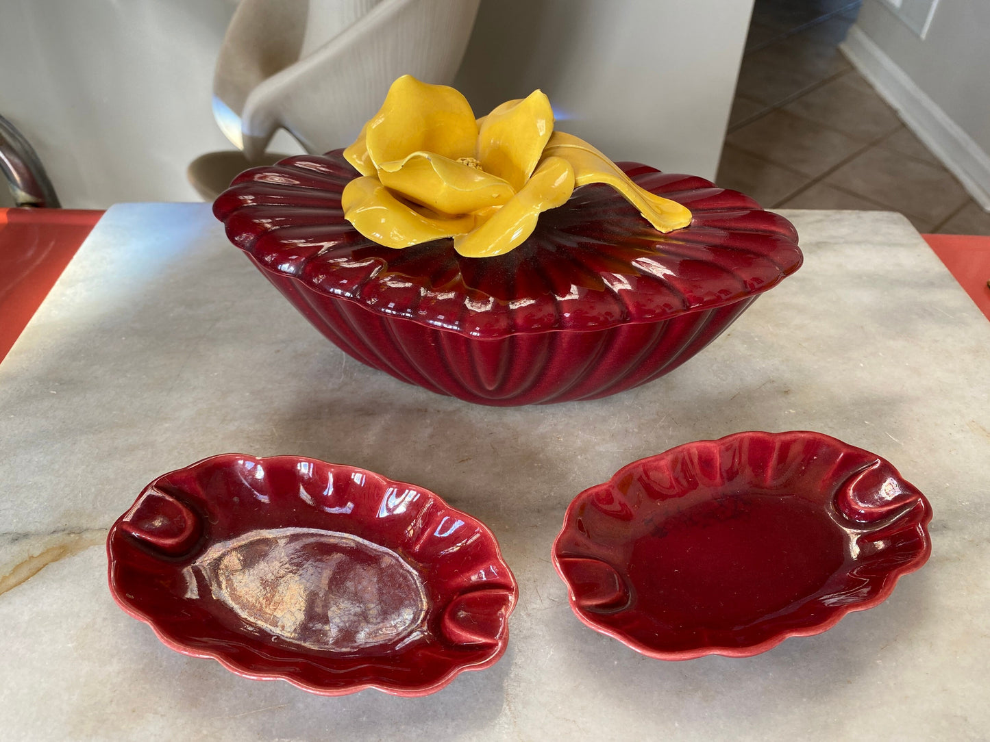 Unique Mid Century Ashtray | USA Pottery Covered Ceramic Container w Two Small Ashtrays | Daffodil Bowl | Mid Century Decor