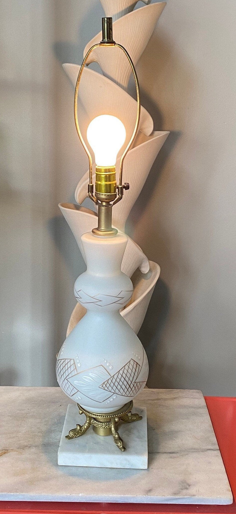 Vintage Frosted White Glass Table Lamp | Hand Painted Gold MCM Design | Brass Fish Marble Base | Hollywood Regency | Mid Century Modern