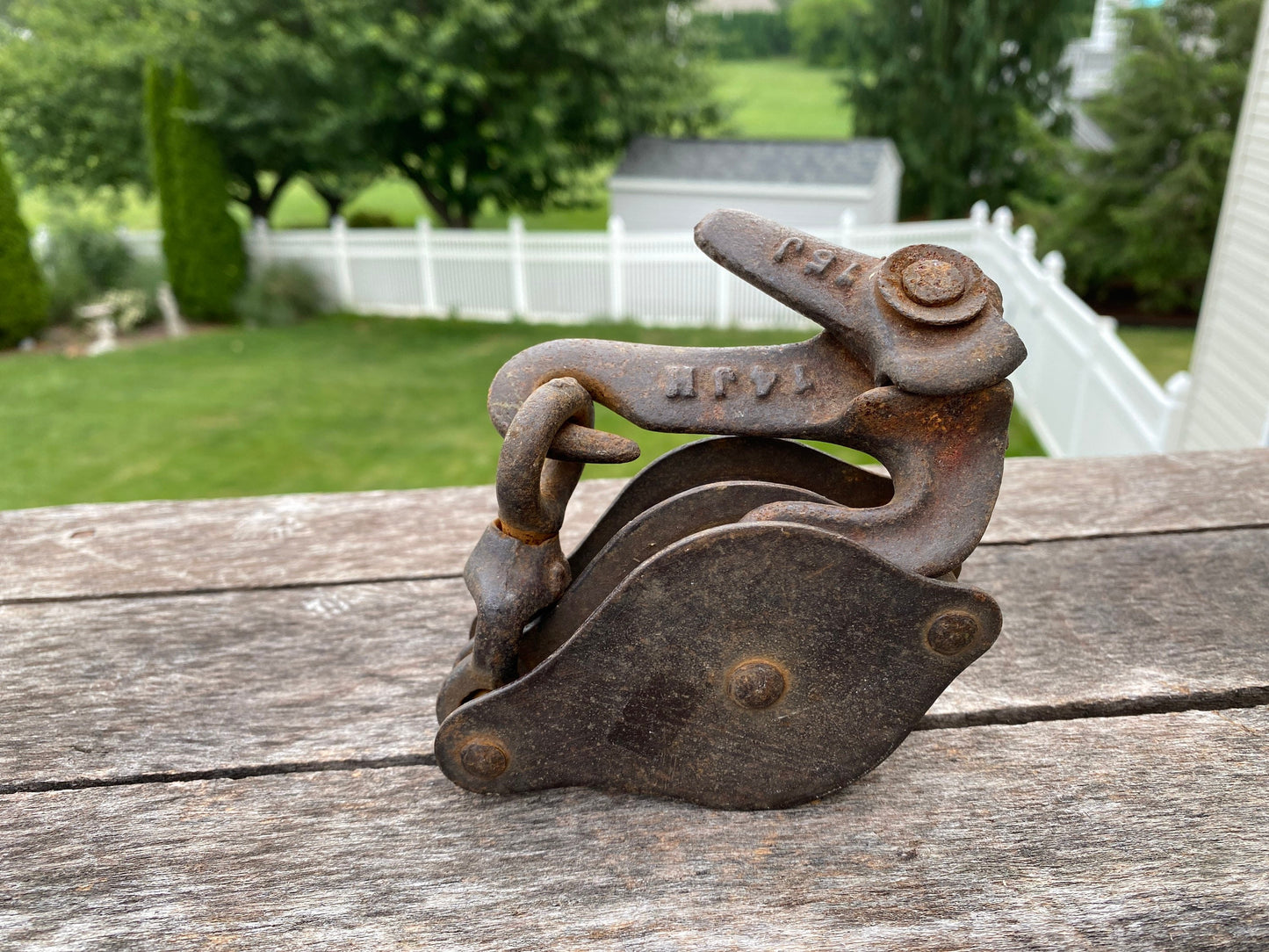 Vintage Unusual Block tackle pulley hanging swivel hook Industrial metal repurpose salvage part piece gadget barn farm patina